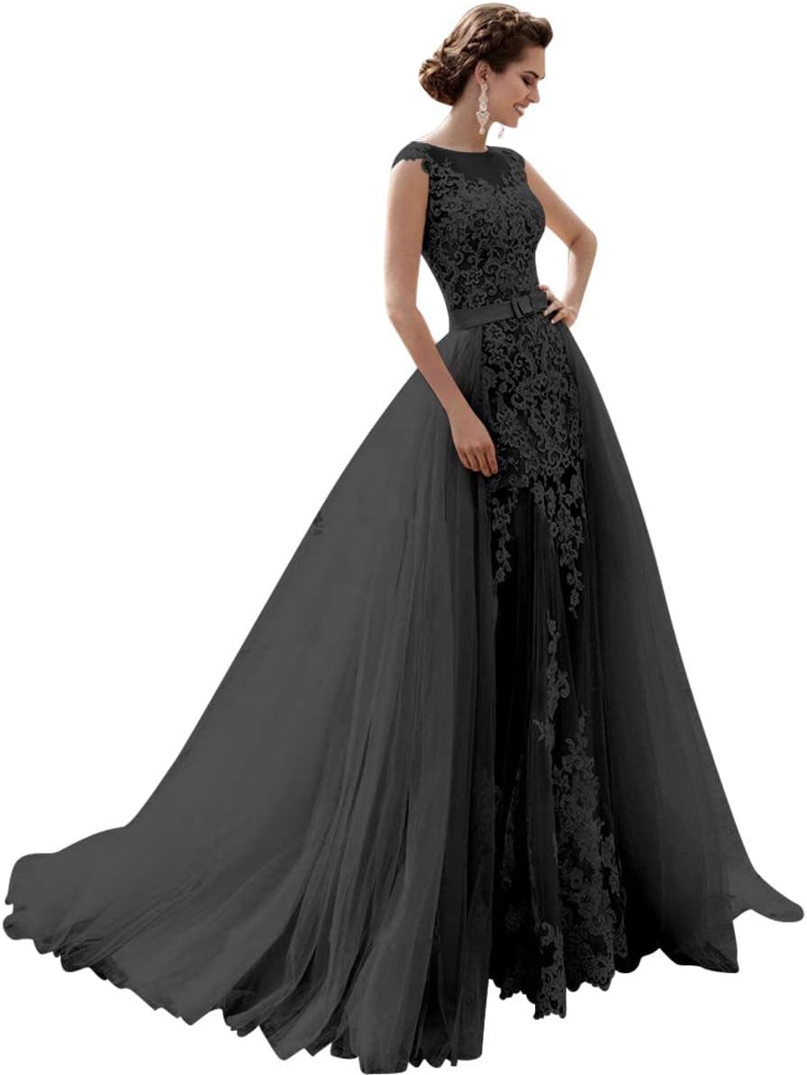 Mermaid Lace Cap Wedding Dress with Detachable Tulle Train for Bride Evening Prom Gown
