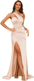Women's One Shoulder Prom Dress 2025 Satin Long Ruched Mermaid Formal Dresses with Slit