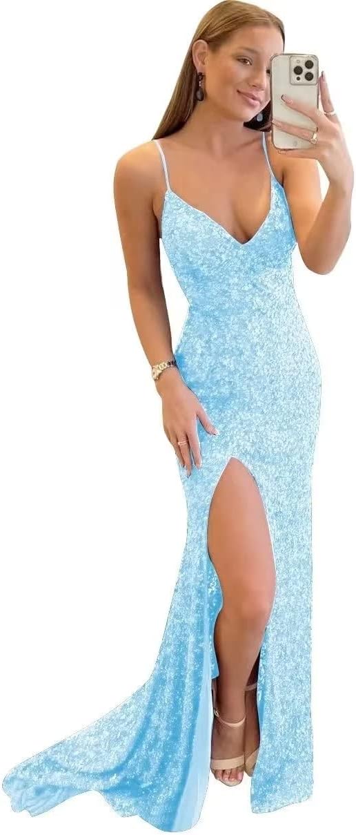 Vestido de fiesta con tirantes finos y lentejuelas, vestido de noche de sirena brillante con abertura, vestidos largos para mujer 2024 
