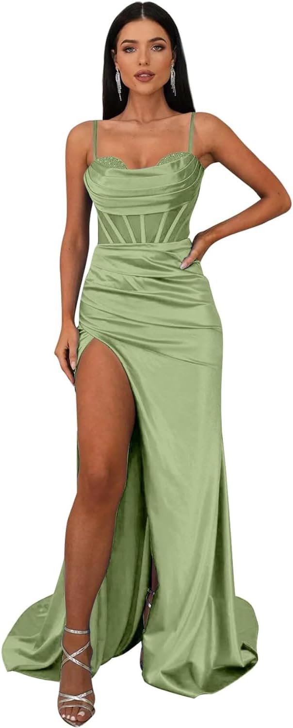 Ballkleider mit Wasserfallausschnitt, langen Spaghettiträgern, Illusion-Meerjungfrauen-Korsett, formelles Abendkleid mit Schlitz 