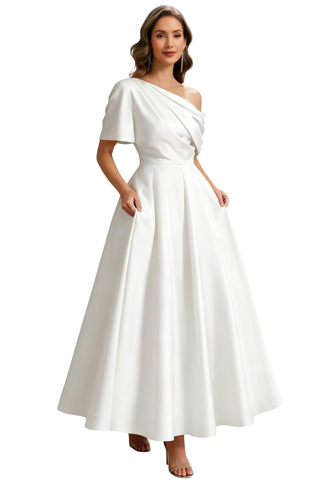 Kingbridal Satin Mother of The Bride Dresses for Women Tea Length Formal Dress One Shoulder Evening Party Gowns with Pockets
