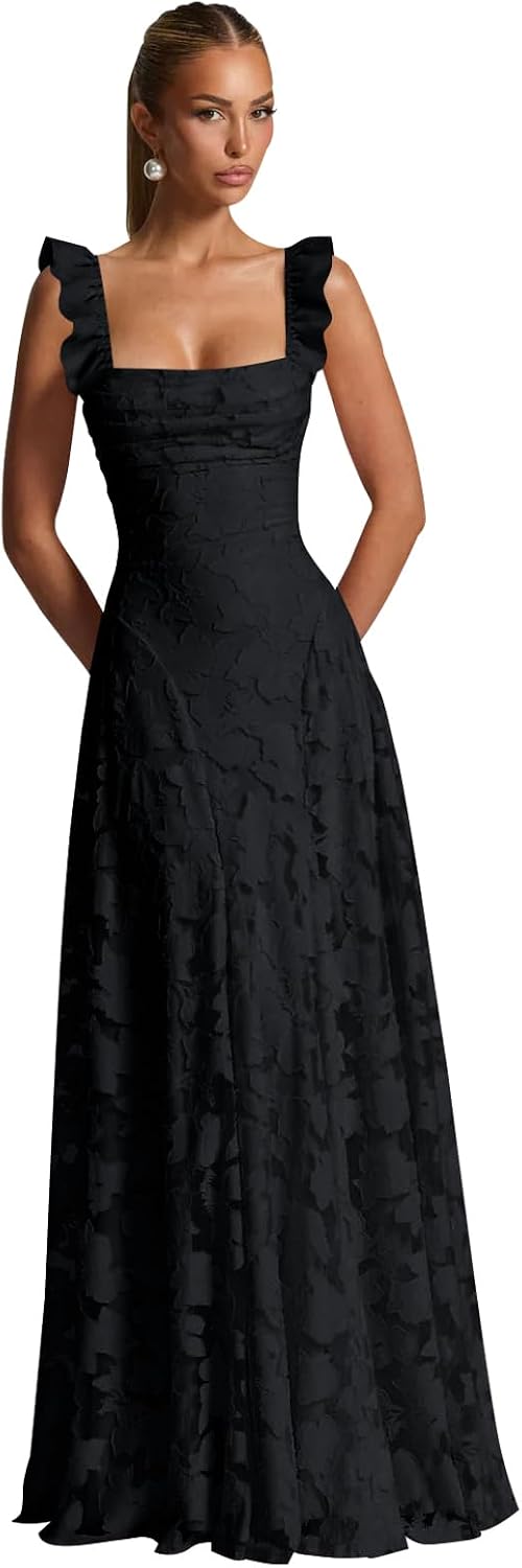 Ruched Jacquard Prom Dresses for Women Teens Ruffle Strap Floral Maxi Formal Dress Evening Gown