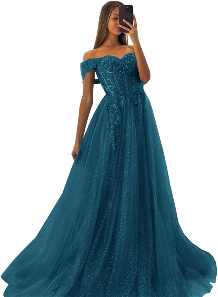 Off The Shoulder Tulle Prom Dresses 2027 Lace Applique A Line Long Sparkly Formal Evening Party Gowns