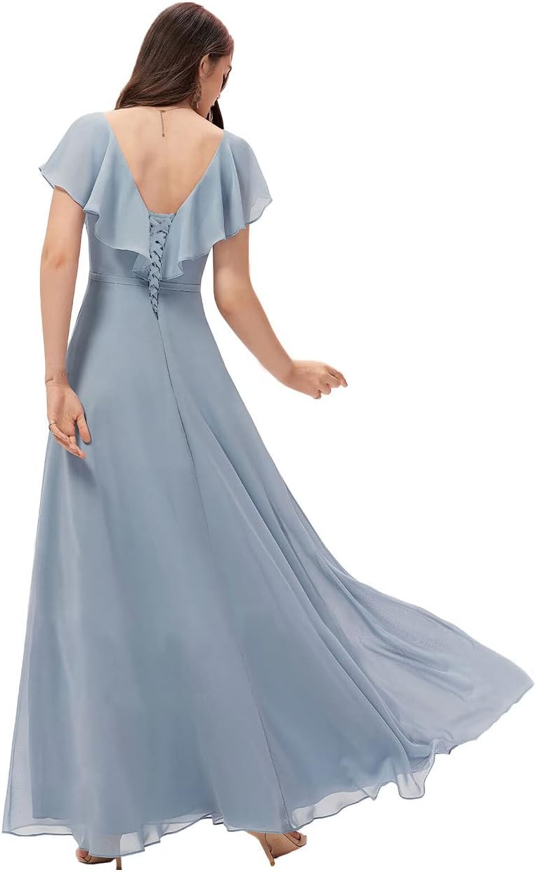 Vestidos de dama de honor largos con escote en V y volantes de gasa para mujer, vestidos de noche formales