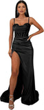 Ballkleider mit Wasserfallausschnitt, langen Spaghettiträgern, Illusion-Meerjungfrauen-Korsett, formelles Abendkleid mit Schlitz 