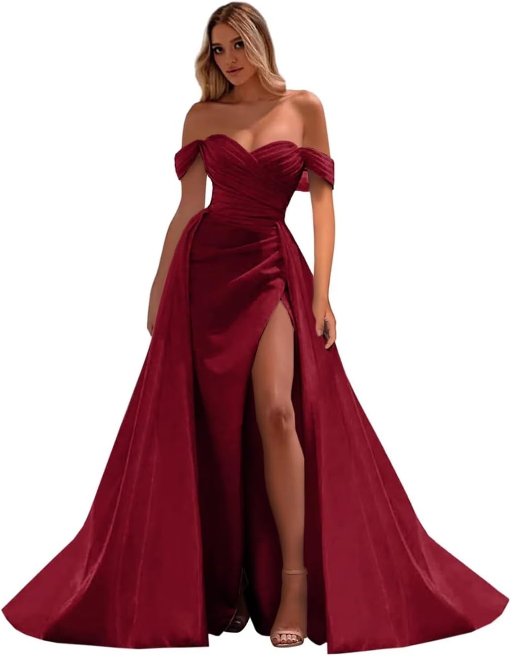 Vestidos de fiesta de satén con hombros descubiertos, corte sirena, fruncido, de noche formal, para mujer 