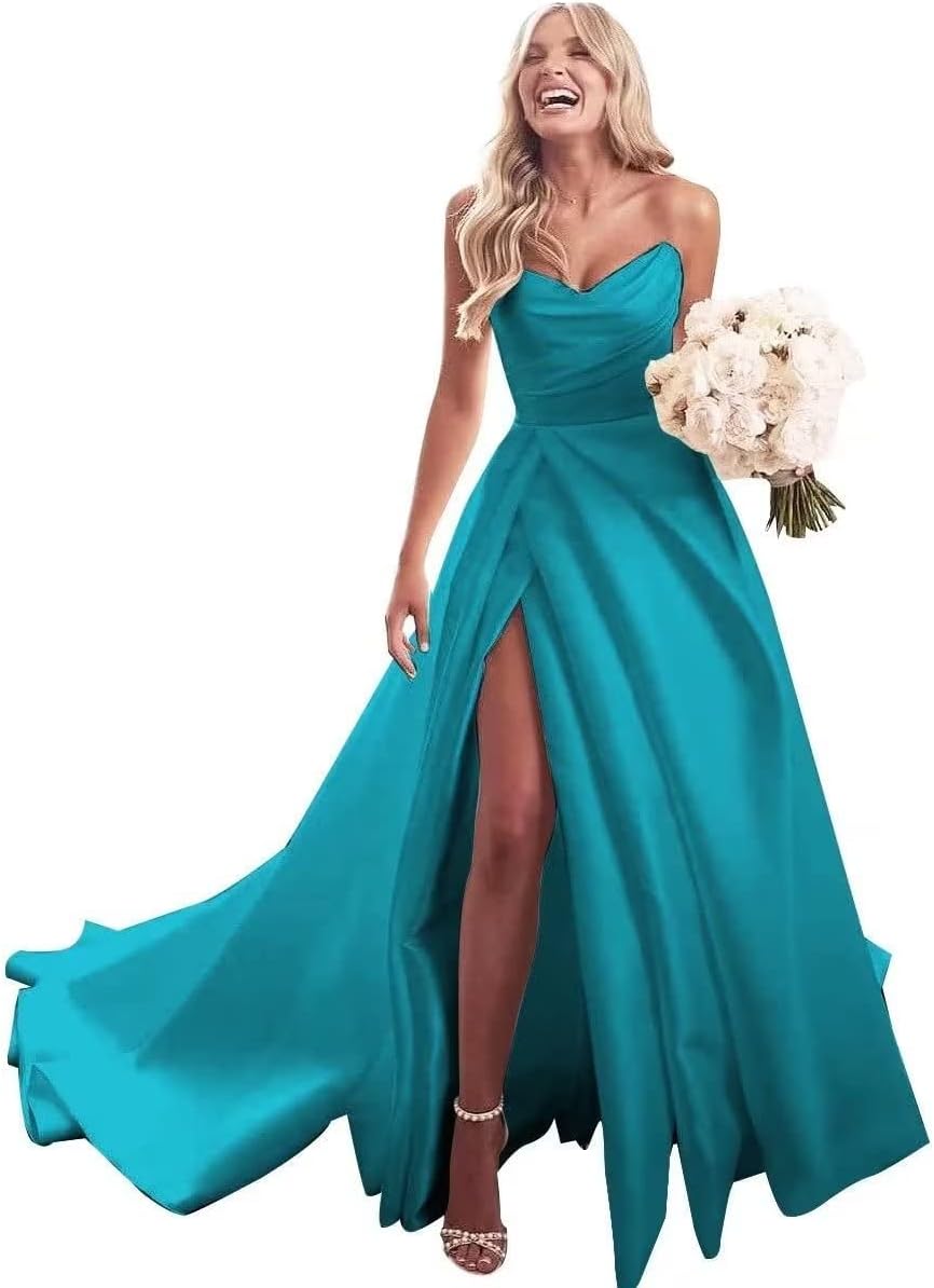 Trägerloses Ballkleid, langes Ballkleid, Satin-Brautkleid für die Braut, A-Linie, formelle Abendkleider mit Schlitz 