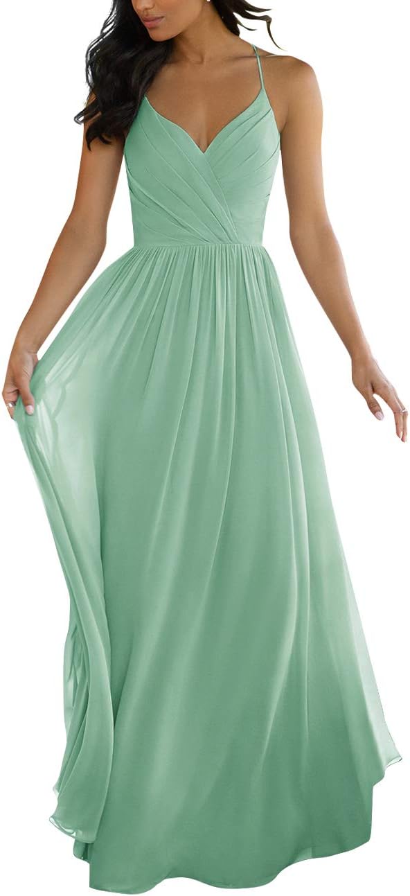 V Neck Bridesmaid Dresses for Women 2025 Long Chiffon Pleated A-line Spaghetti Strap Wedding Evening Prom Gown