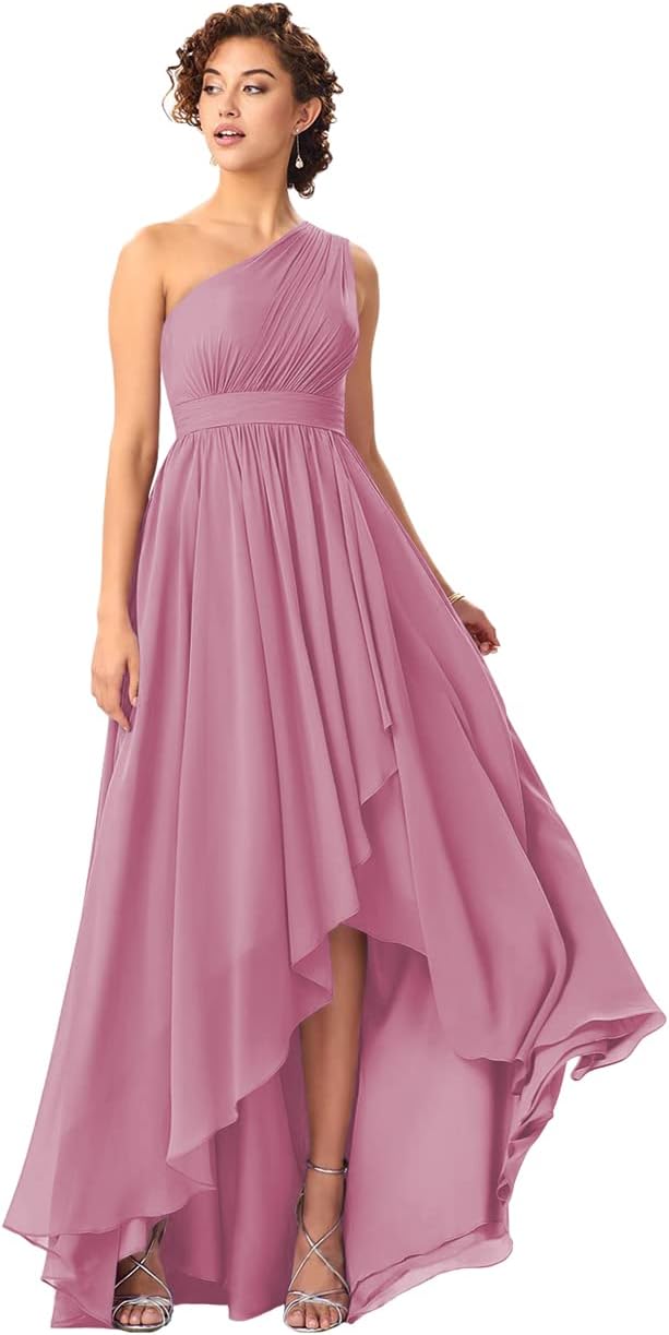 Women's One Shoulder Bridesmaid Dresses High Low Chiffon Formal Party Gowns with Pockets