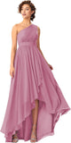 Women's One Shoulder Bridesmaid Dresses High Low Chiffon Formal Party Gowns with Pockets