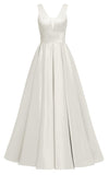 Glitter Satin Prom Dresses for Women Long V Neck A-Line Pleated Formal Evening Party Gowns with Pockets