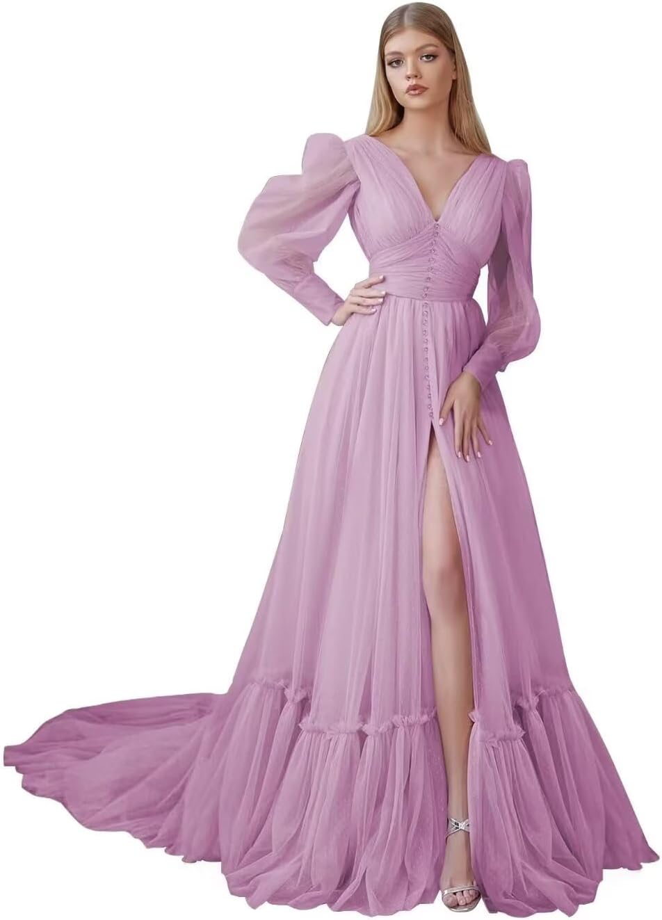 Puffy Sleeve Tulle Prom Dresses Long Ball Gown with Slit for Women 2027 V Neck Long Formal Evening Gowns