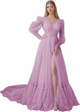 Puffy Sleeve Tulle Prom Dresses Long Ball Gown with Slit for Women 2027 V Neck Long Formal Evening Gowns