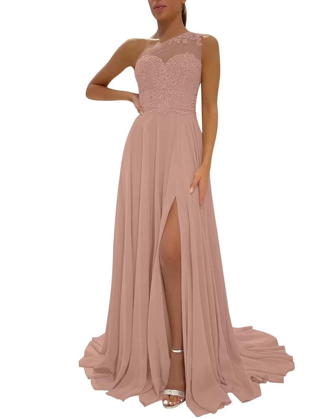 One Shoulder Chiffon Bridesmaid Dresses for Wedding 2026 Lace A-Line Slit Formal Evening Party Gown with Pockets