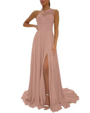 One Shoulder Chiffon Bridesmaid Dresses for Wedding 2026 Lace A-Line Slit Formal Evening Party Gown with Pockets