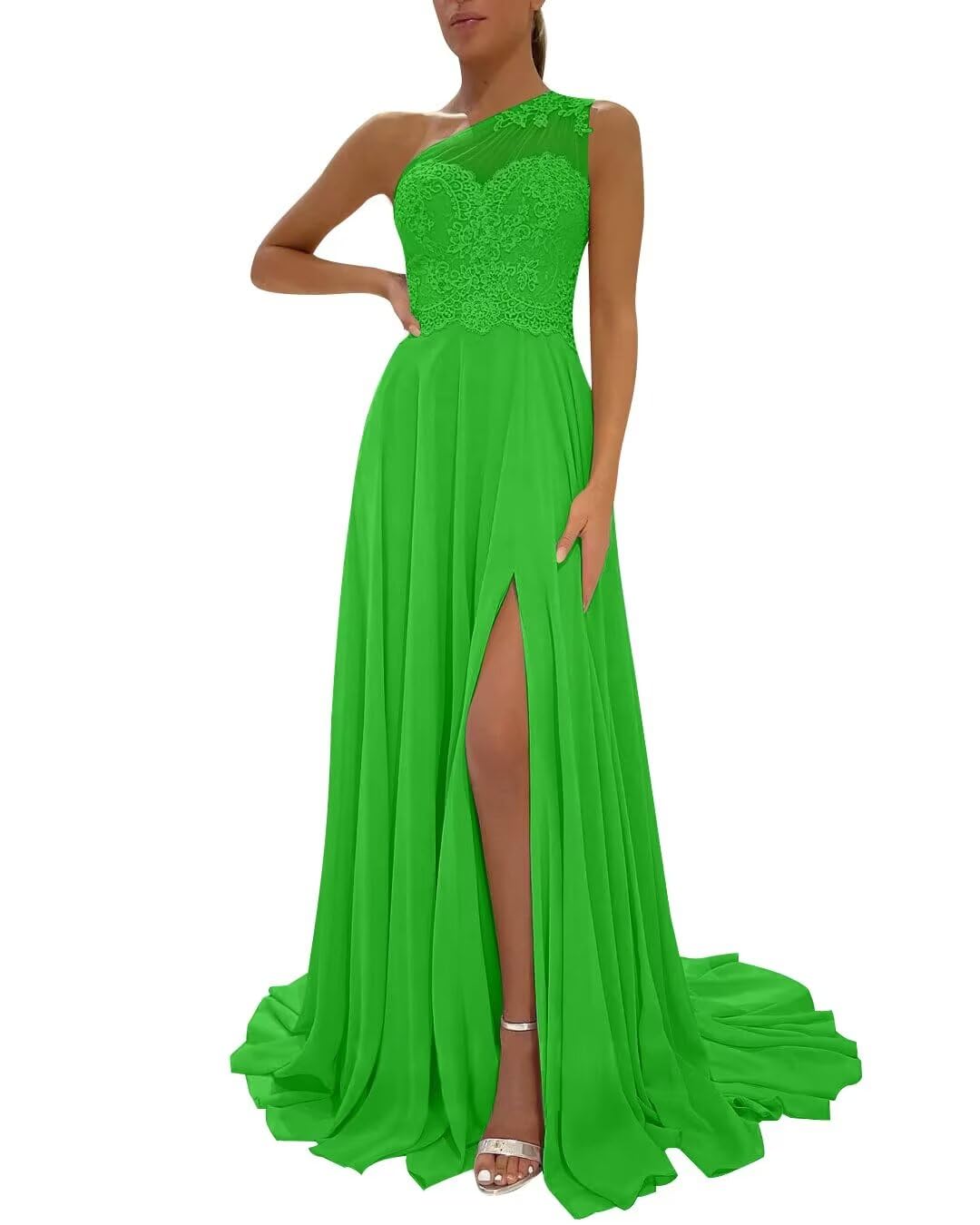 One Shoulder Chiffon Bridesmaid Dresses for Wedding 2026 Lace A-Line Slit Formal Evening Party Gown with Pockets