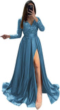 Long Sleeve Sequin Prom Dresses for Women 2027 Satin Formal Dress Sparkly Slit Evening Party Gown with Pocket