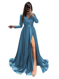 Long Sleeve Sequin Prom Dresses for Women 2027 Satin Formal Dress Sparkly Slit Evening Party Gown with Pocket