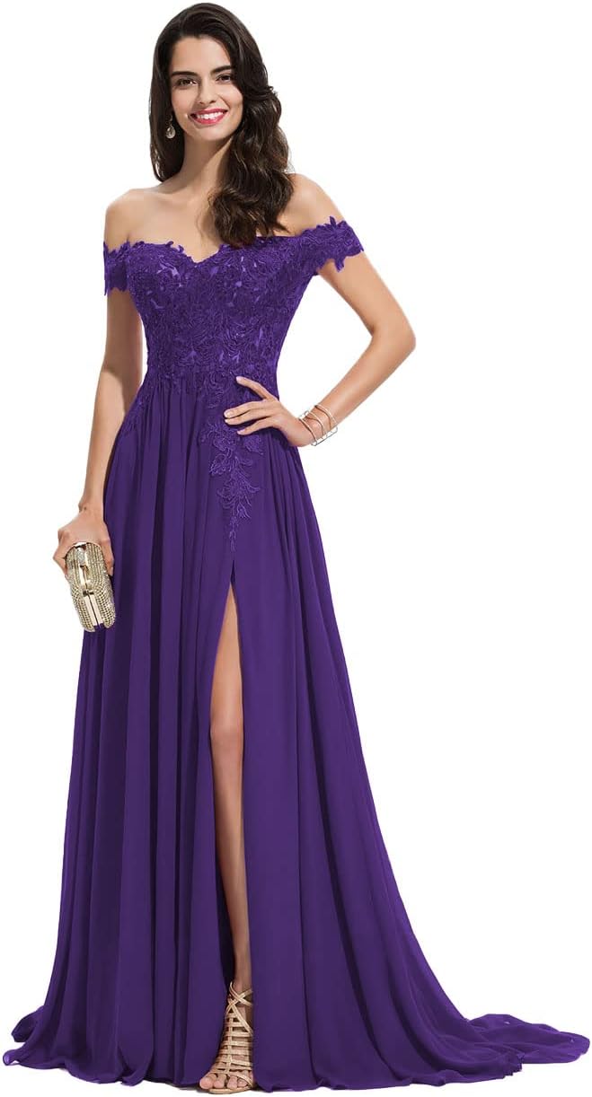 Women's Off The Shoulder Long Prom Dresses with Slit Lace Appliqued Chiffon Formal Party Gowns