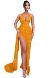 Sparkly Sequin Halter Prom Dresses for Women Mermaid Formal Dress with Slit Backless Ruched Evening Party Gowns