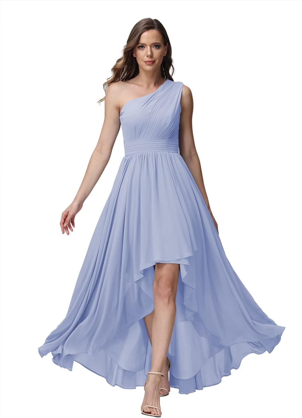 Vestido de dama de honor de un solo hombro para mujer, vestido formal de noche de gasa con bolsillos y corte alto bajo