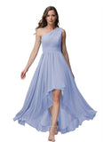 Vestido de dama de honor de un solo hombro para mujer, vestido formal de noche de gasa con bolsillos y corte alto bajo
