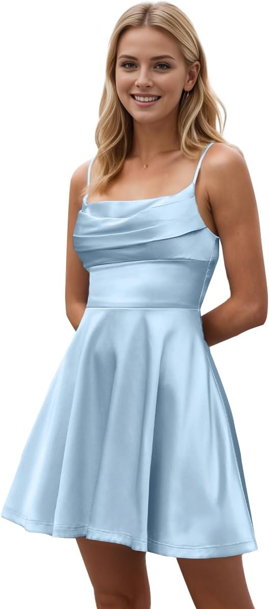 Women's Short Light Blue Homecoming Dresses Flowy Spaghetti Strap Pleated Satin Formal Cocktail Party Gown
