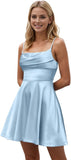 Women's Short Light Blue Homecoming Dresses Flowy Spaghetti Strap Pleated Satin Formal Cocktail Party Gown