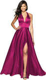 Womens Satin Prom Dresses Long with Slit Halter Evening Formal Gowns for Women with Pockets