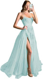 Women's Lace Criss-Cross Prom Dresses with Slit Spaghetti Straps Long Formal Evening Gowns