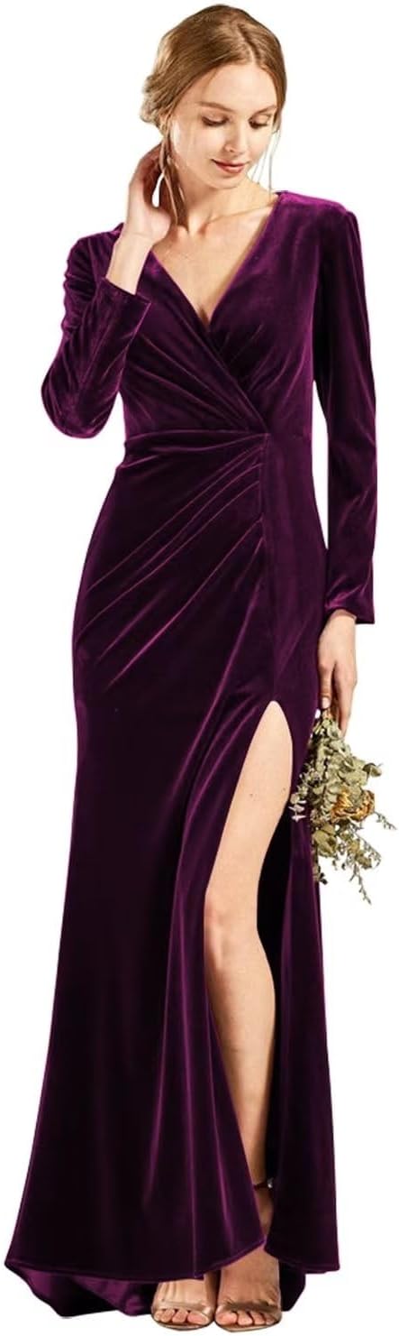 Langärmliges Brautjungfernkleid aus Samt mit Schlitz, V-Ausschnitt, Meerjungfrau-Stil, formelles Kleid für Damen