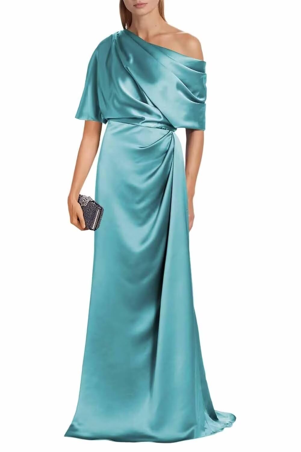 Satin Mother of The Bride Dresses for Wedding One Shoulder Formal Dress with Sleeves Mermaid Evening Party Gowns