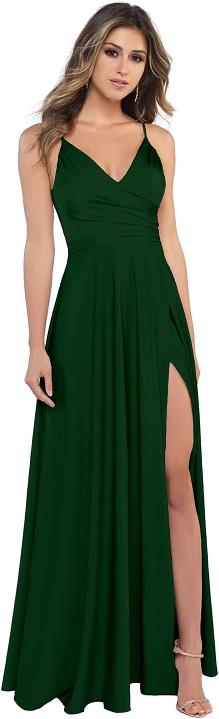 Damen-Brautjungfernkleider aus Satin mit V-Ausschnitt und Schlitz, Spaghettiträgern, formelle Ballkleider mit Taschen 