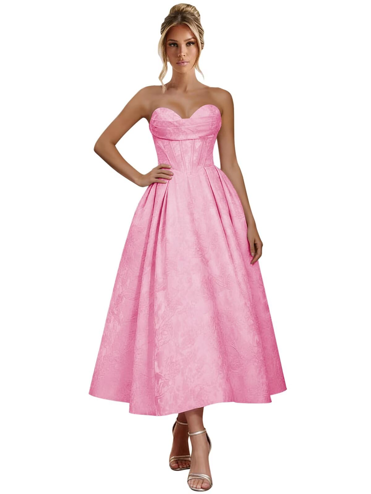 Jacquard Satin Prom Dresses for Women Strapless Tea Length Sweetheart Neck A-line Formal Party Dress with Pockets