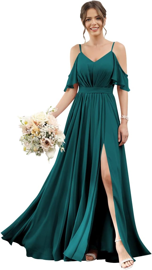 Women's Cold Shoulder Ruffle Sleeves Bridesmaid Dresses for Women 2025 Pleated Chiffon Formal Dresses with Slit