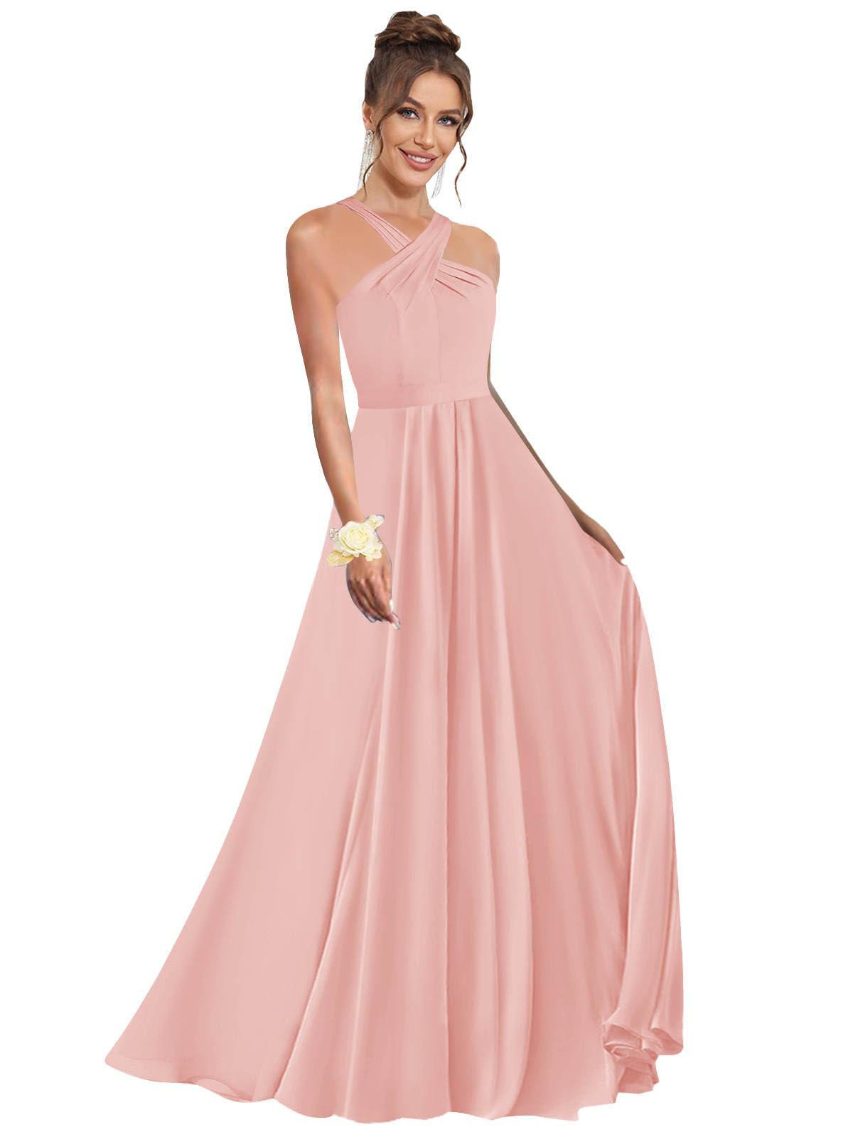 Halter Bridesmaid Dresses for Wedding Chiffon A Line Pleated Long Formal Prom Dress with Belt