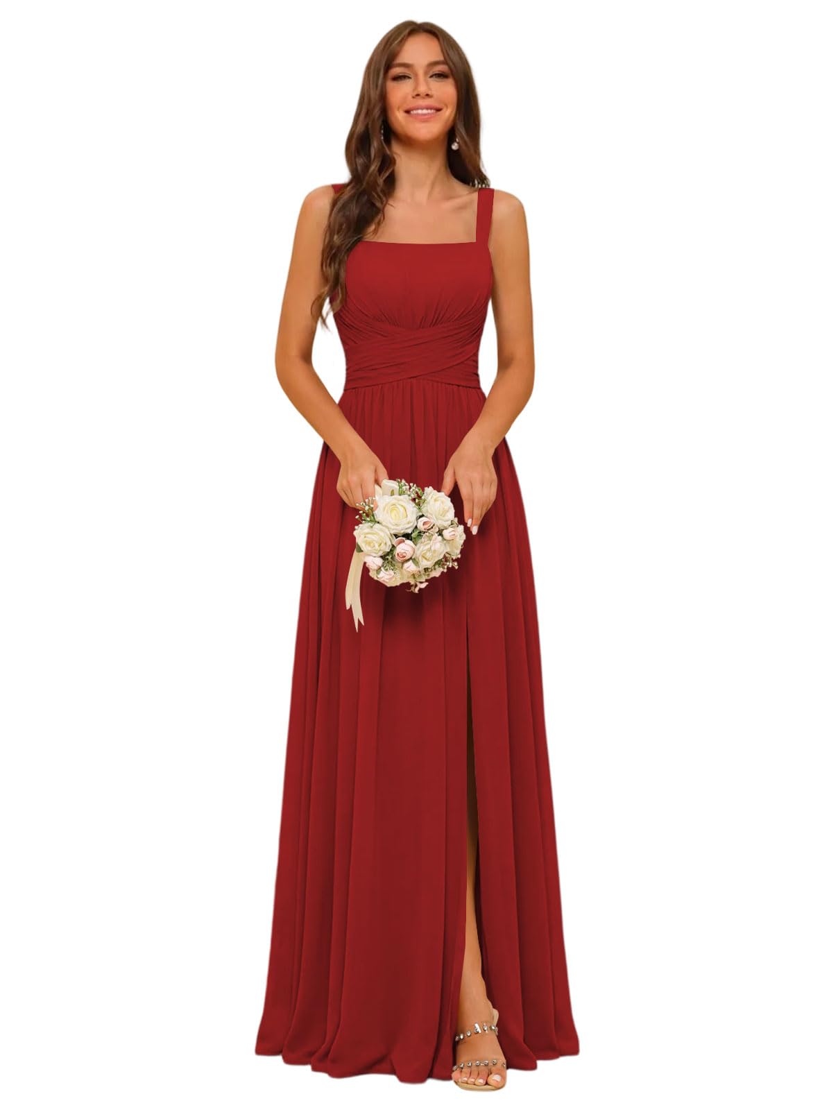 Square Neck Bridesmaid Dress Spaghetti Straps Chiffon Long Formal Dress for Women