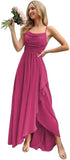 Spaghetti Strap Chiffon Bridesmaid Dresses for Women Long Ruched A-Line Cowl Neck Formal Evening Gowns with Slit