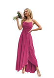 Spaghetti Strap Chiffon Bridesmaid Dresses for Women Long Ruched A-Line Cowl Neck Formal Evening Gowns with Slit
