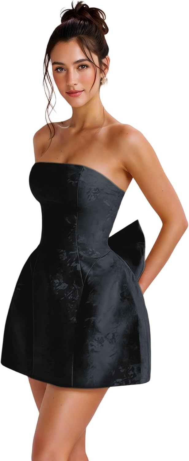 Jacquard Satin Homecoming Dress with Bow Elegant Strapless Mini Dress A Line Short Prom Dresses Party Gown