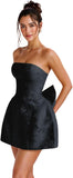 Jacquard Satin Homecoming Dress with Bow Elegant Strapless Mini Dress A Line Short Prom Dresses Party Gown