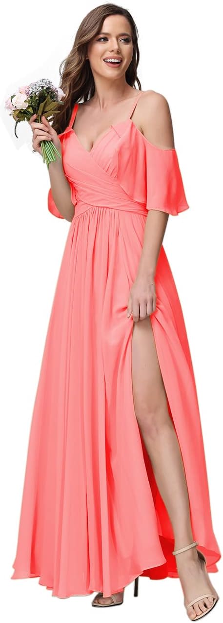 Women's Long Spaghetti Straps Bridesmaid Dress with Slit Off Shoulder Chiffon Formal Party Gowns