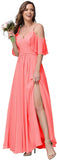 Women's Long Spaghetti Straps Bridesmaid Dress with Slit Off Shoulder Chiffon Formal Party Gowns