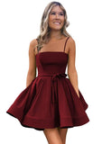 Women’s Short Satin Spaghetti Straps Formal Homecoming Dresses A Line Corset Puffy Prom Gown with Pockets for Teens