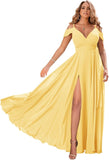 Schulterfreie Brautjungfernkleider 2025 für Frauen, langes Chiffon-Abendkleid mit V-Ausschnitt und Schlitz