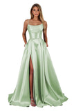 Satin Prom Dresses for Teens Long A-Line Cowl Neck Formal Evening Gown with Slit 2026 Maxi Ball Gowns