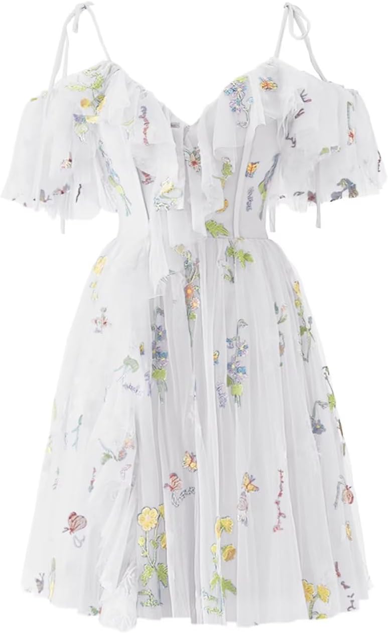 Vestidos de fiesta cortos de tul con bordado floral para mujer, vestidos formales para adolescentes 