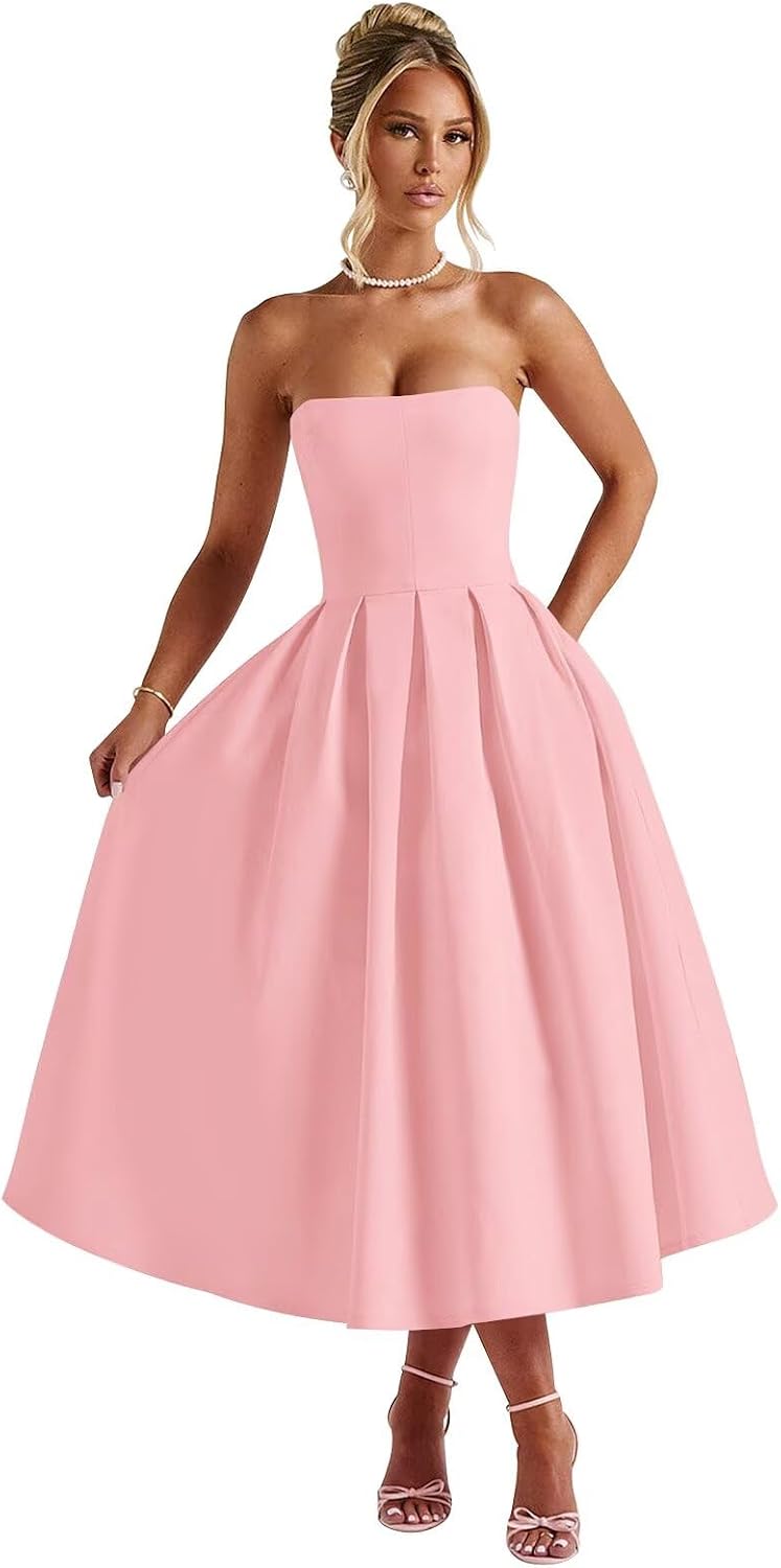 Strapless Satin Tea Length Prom Dresses for Women 2027 A-Line Corset Backless Cocktail Bridesmaid Dress with Pocket