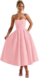 Strapless Satin Tea Length Prom Dresses for Women 2027 A-Line Corset Backless Cocktail Bridesmaid Dress with Pocket