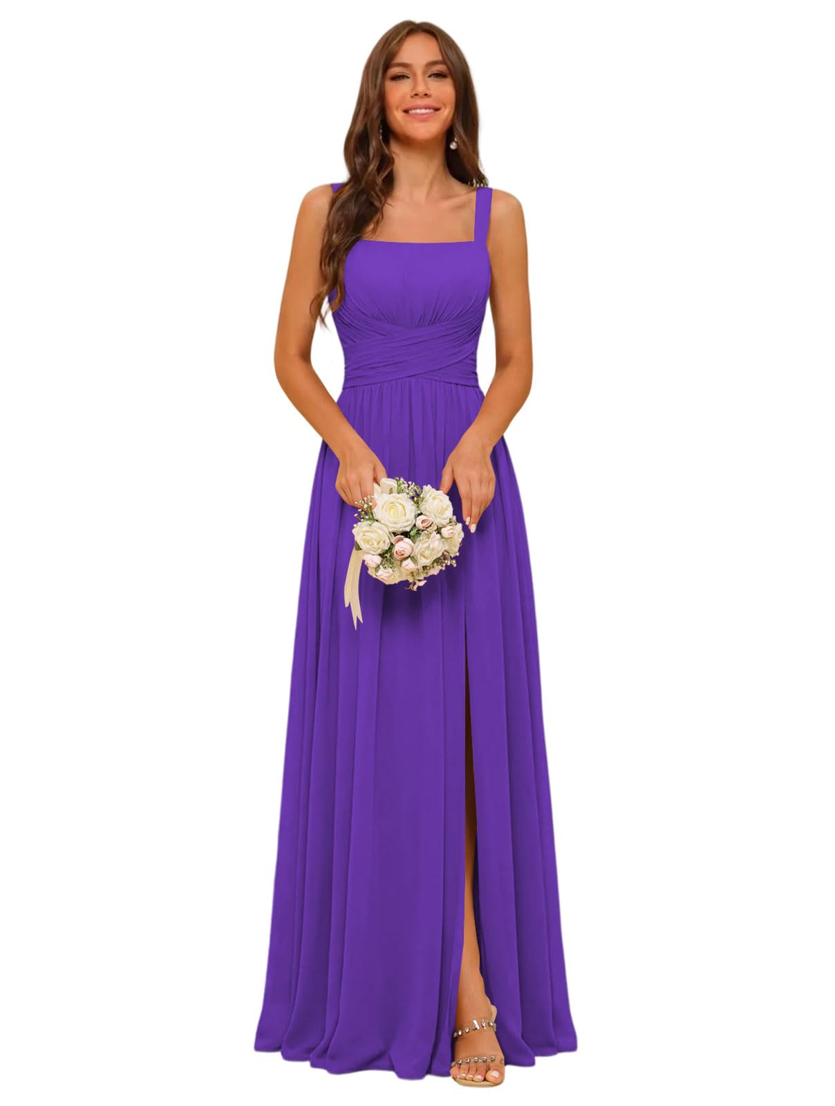 Square Neck Bridesmaid Dress Spaghetti Straps Chiffon Long Formal Dress for Women